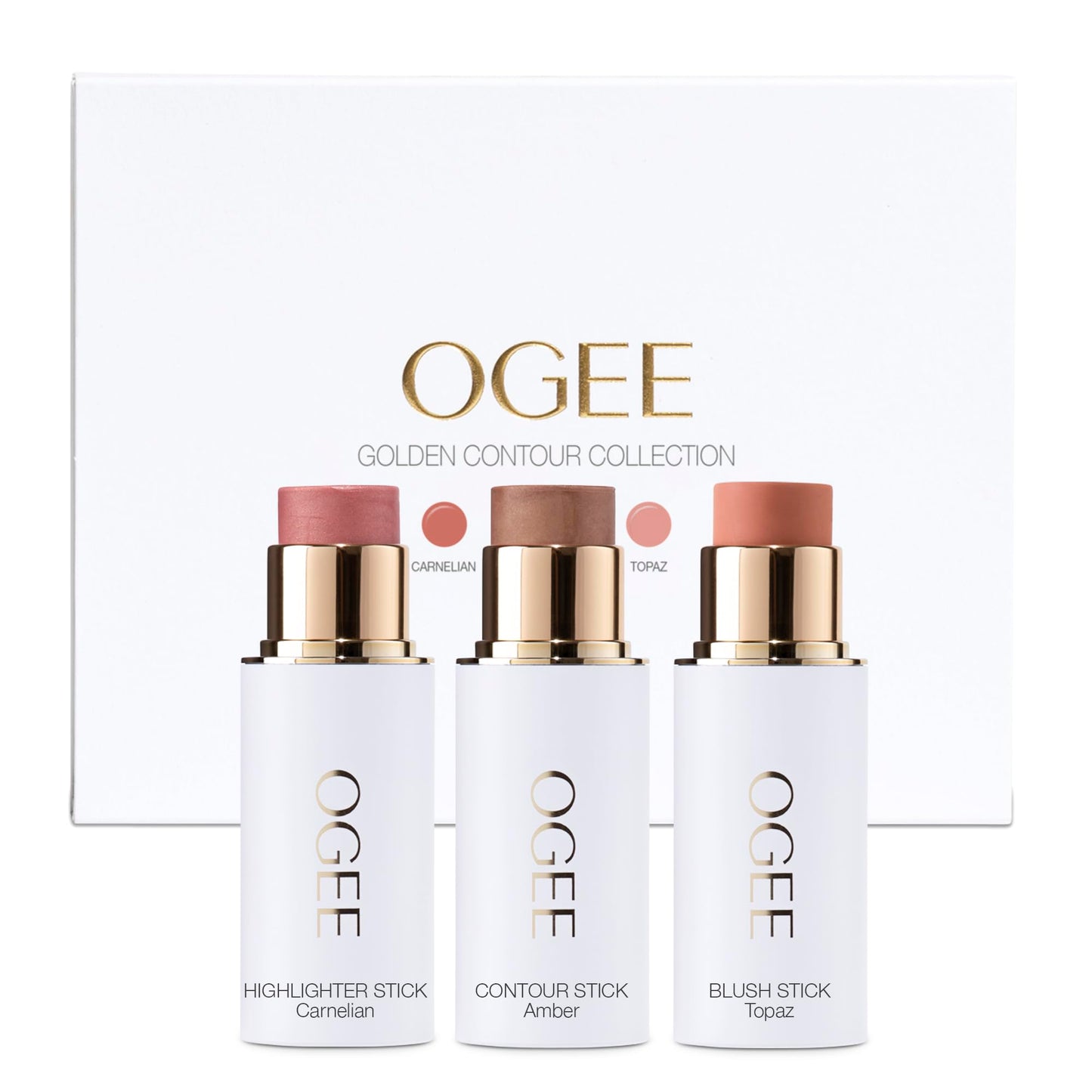 Ogee Face Stick Trio - Golden Contour Stick Makeup Collection - Certified Organic Bronzer, Blush Stick, and Highlighter Stick for a Flawless Look